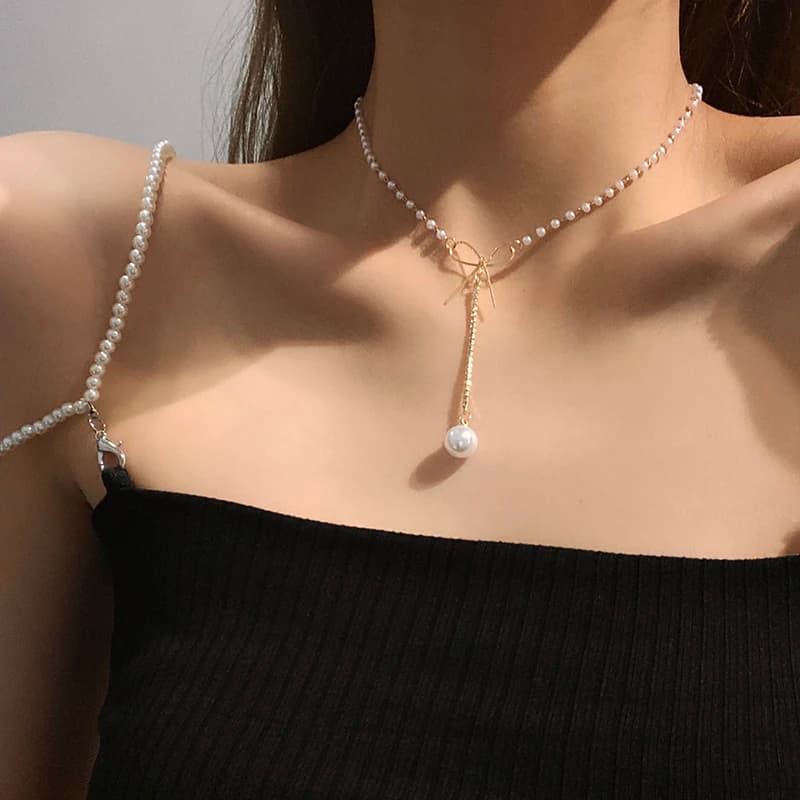Nouveaux colliers de perles coréens pour femmes, chaîne à maillons couleur or, collier ras du cou, accessoires de mode pour le cou, collier élégant, bijoux femme — 5/10