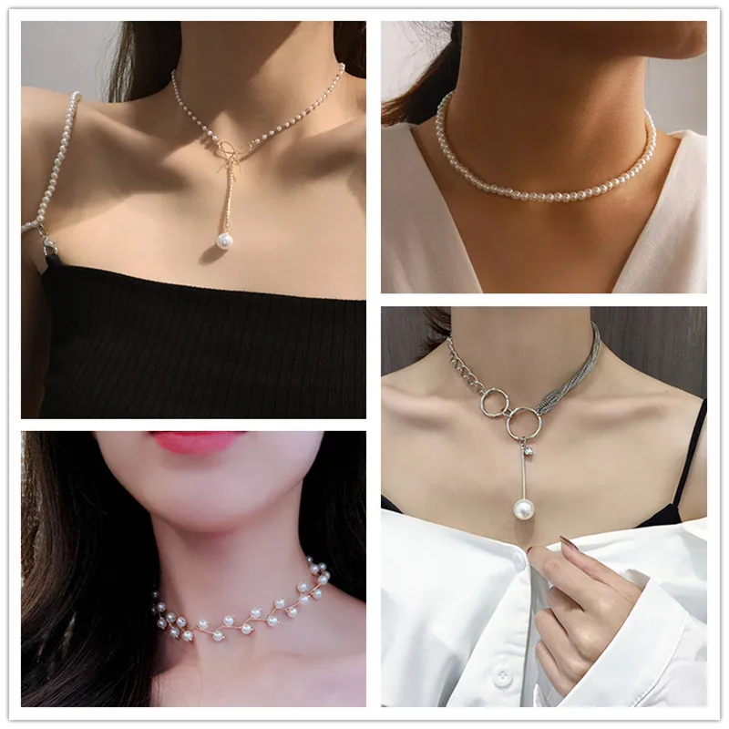 Nouveaux colliers de perles coréens pour femmes, chaîne à maillons couleur or, collier ras du cou, accessoires de mode pour le cou, collier élégant, bijoux femme
