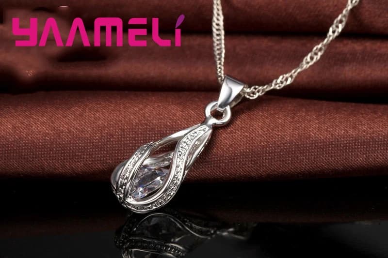 Goutte d'eau chaude CZ 925 en argent Sterling plaqué ensemble de bijoux pour les femmes pendentif collier boucles d'oreilles cerceau fête de mariage Ceremoey Anel — 5/10