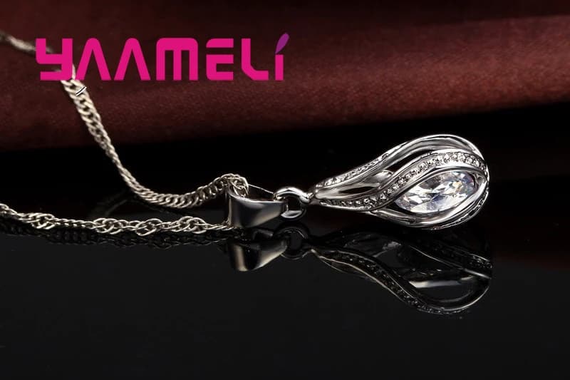 Goutte d'eau chaude CZ 925 en argent Sterling plaqué ensemble de bijoux pour les femmes pendentif collier boucles d'oreilles cerceau fête de mariage Ceremoey Anel — 3/10