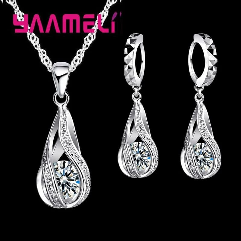 Goutte d’eau chaude CZ 925 en argent Sterling plaqué ensemble de bijoux pour les femmes pendentif collier boucles d’oreilles cerceau fête de mariage Ceremoey Anel