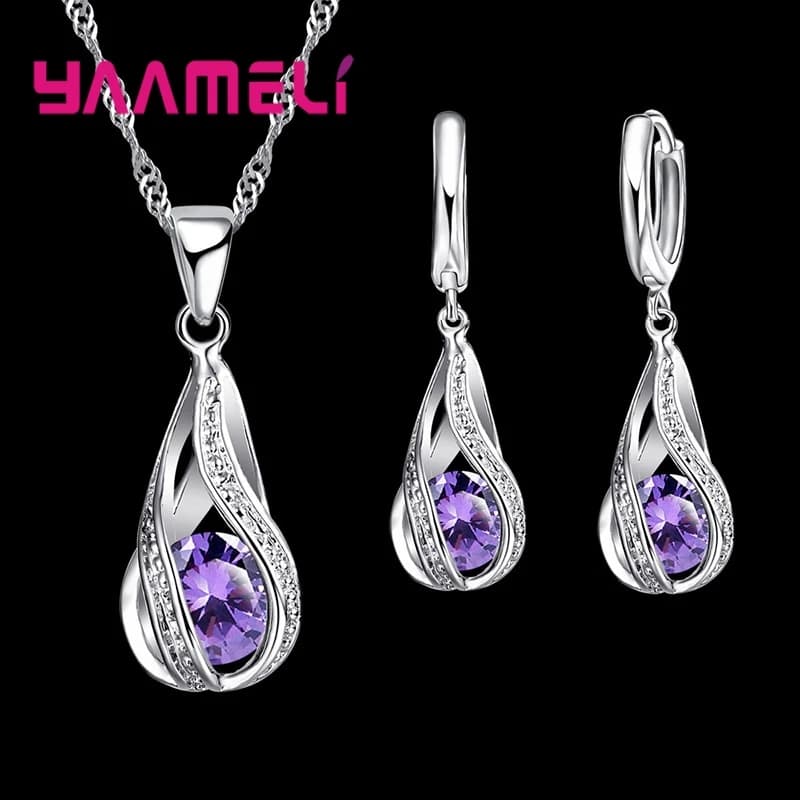 Goutte d'eau chaude CZ 925 en argent Sterling plaqué ensemble de bijoux pour les femmes pendentif collier boucles d'oreilles cerceau fête de mariage Ceremoey Anel — 9/10