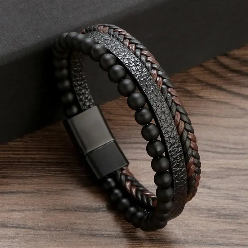 Bracelet en cuir multicouche tissé à la main pour hommes, classique, nouveau style, accessoire de mode, bijoux, vente en gros, livraison directe — 8/10