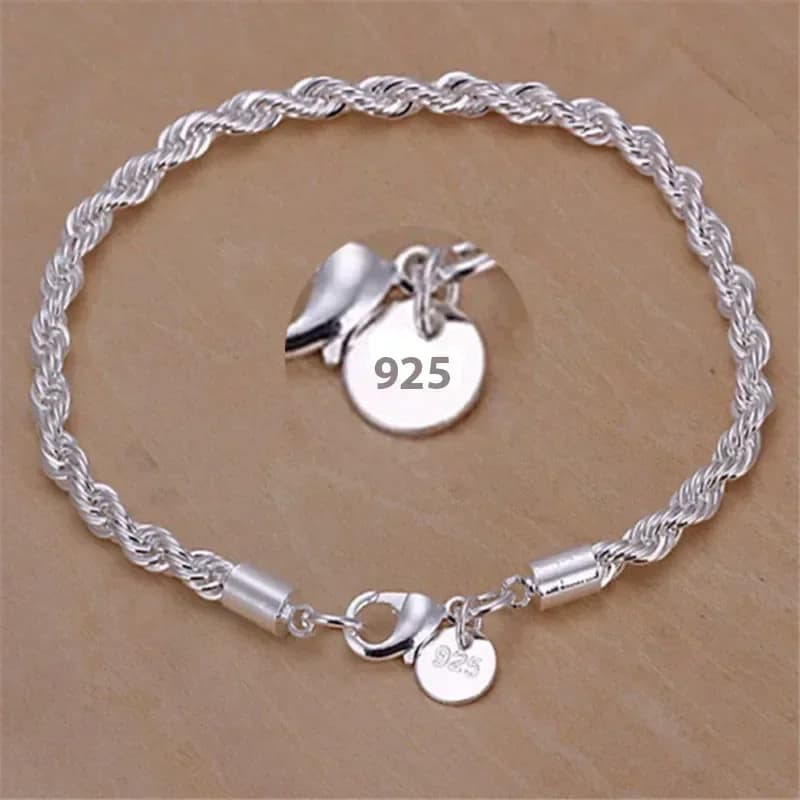 Bracelet en argent Sterling 925, 4mm, 20cm, chaîne latérale plate, fermoir mousqueton pour femmes et hommes, bijoux de fiançailles et de mariage