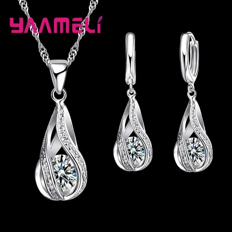 Goutte d'eau chaude CZ 925 en argent Sterling plaqué ensemble de bijoux pour les femmes pendentif collier boucles d'oreilles cerceau fête de mariage Ceremoey Anel — 7/10