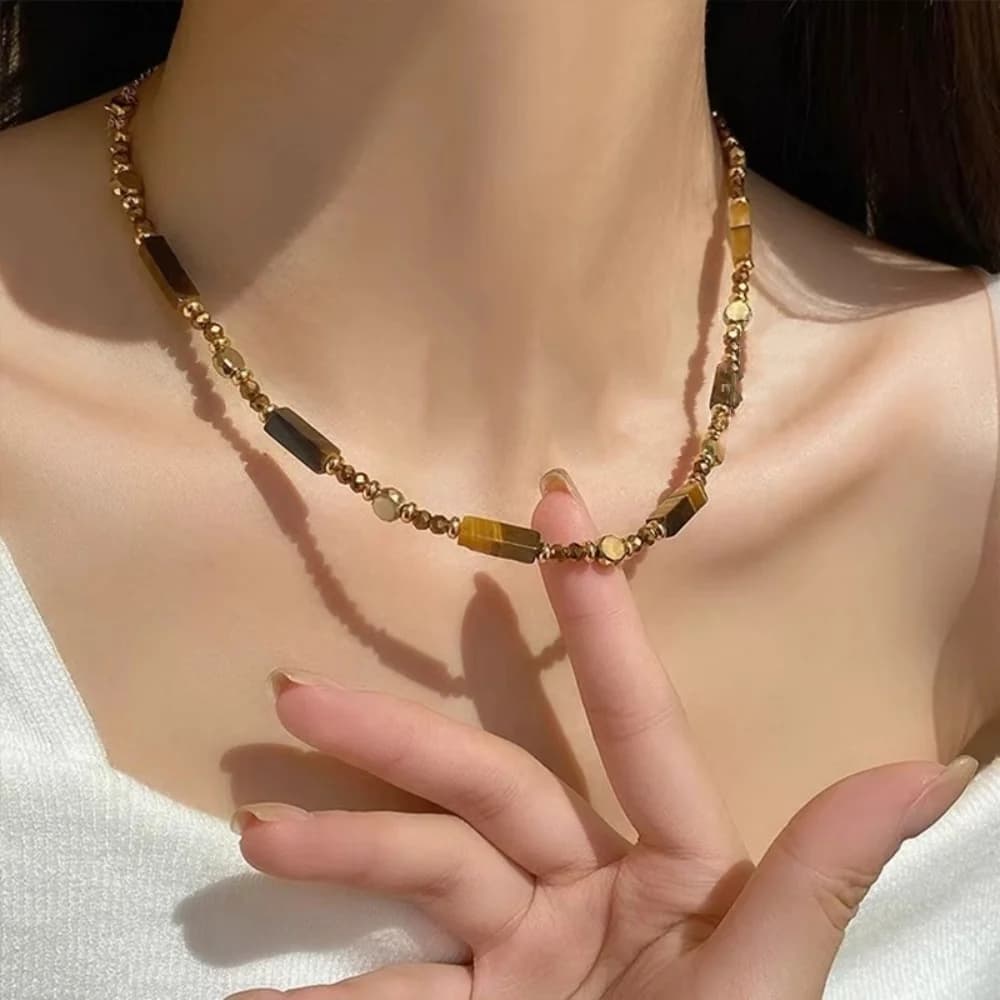 Ensemble de bijoux collier à double chaîne en alliage, collier pendentif en pierre œil de tigre superposé, style rétro et élégant, pour femmes — 6/6