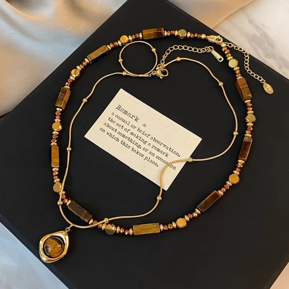 Ensemble de bijoux collier à double chaîne en alliage, collier pendentif en pierre œil de tigre superposé, style rétro et élégant, pour femmes