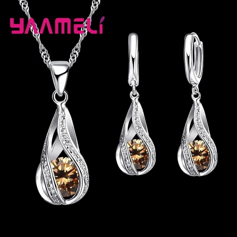 Goutte d'eau chaude CZ 925 en argent Sterling plaqué ensemble de bijoux pour les femmes pendentif collier boucles d'oreilles cerceau fête de mariage Ceremoey Anel — 8/10