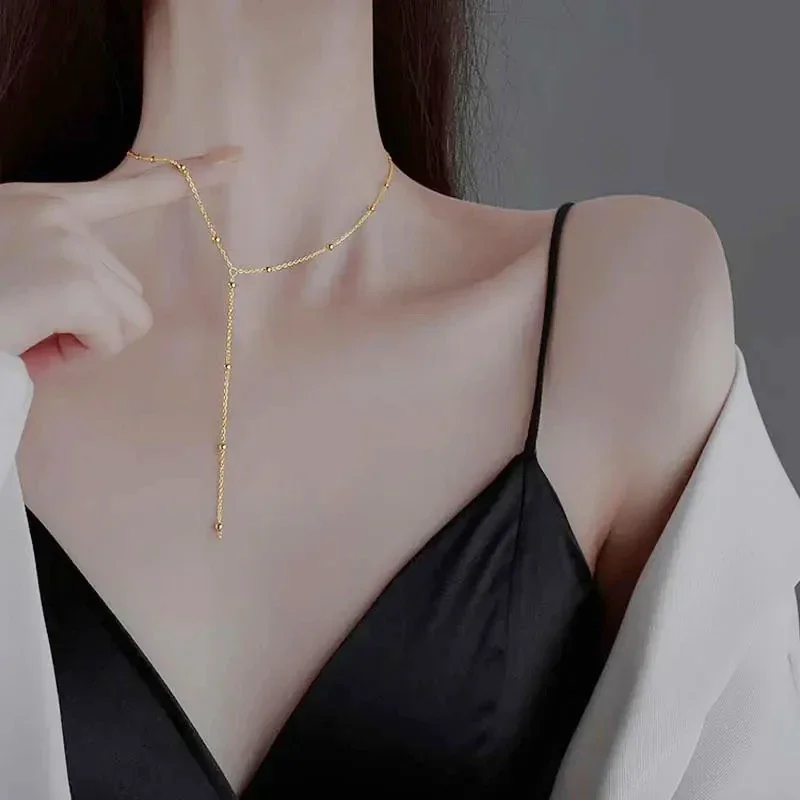 LATS – colliers à chaîne à pampilles longues pour femmes, couleur or, Double couche, Simple, en métal, perles géométriques, ras du cou, bijoux à la mode — 4/7