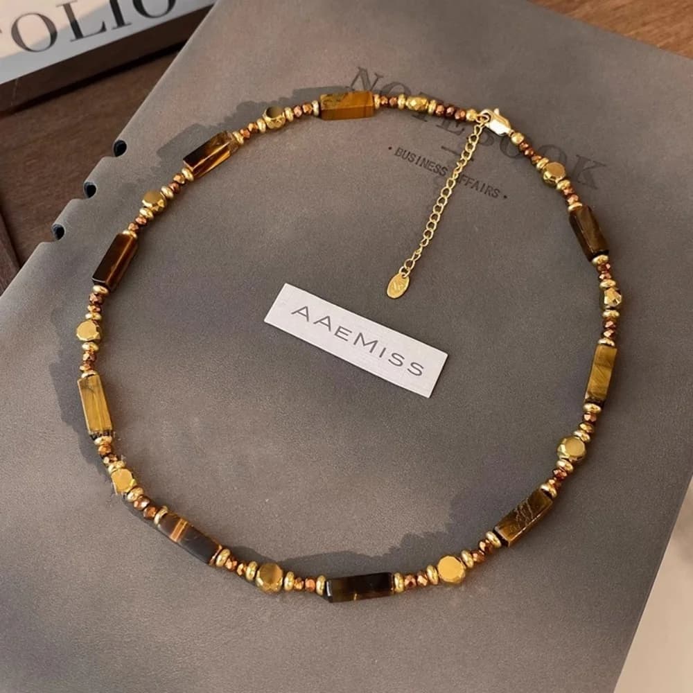 Ensemble de bijoux collier à double chaîne en alliage, collier pendentif en pierre œil de tigre superposé, style rétro et élégant, pour femmes — 5/6
