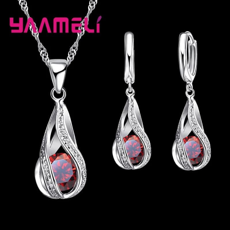 Goutte d'eau chaude CZ 925 en argent Sterling plaqué ensemble de bijoux pour les femmes pendentif collier boucles d'oreilles cerceau fête de mariage Ceremoey Anel — 6/10