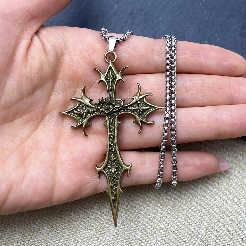 Collier gothique avec pendentif croix Double face, 1 pièce, Niche, Design de personnalité, Hip Hop, rétro Punk, accessoires — 7/8