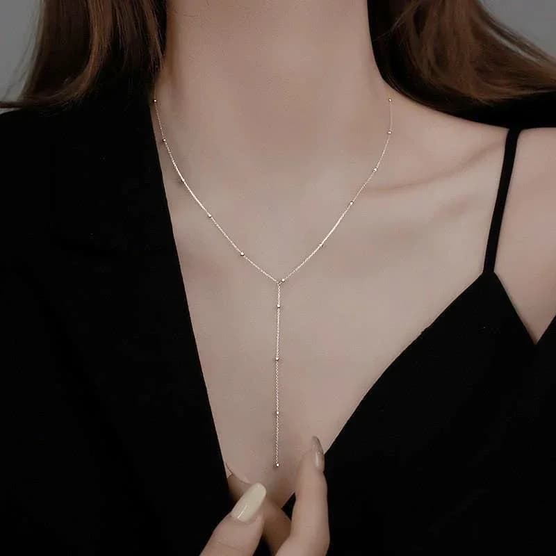 LATS – colliers à chaîne à pampilles longues pour femmes, couleur or, Double couche, Simple, en métal, perles géométriques, ras du cou, bijoux à la mode — 5/7