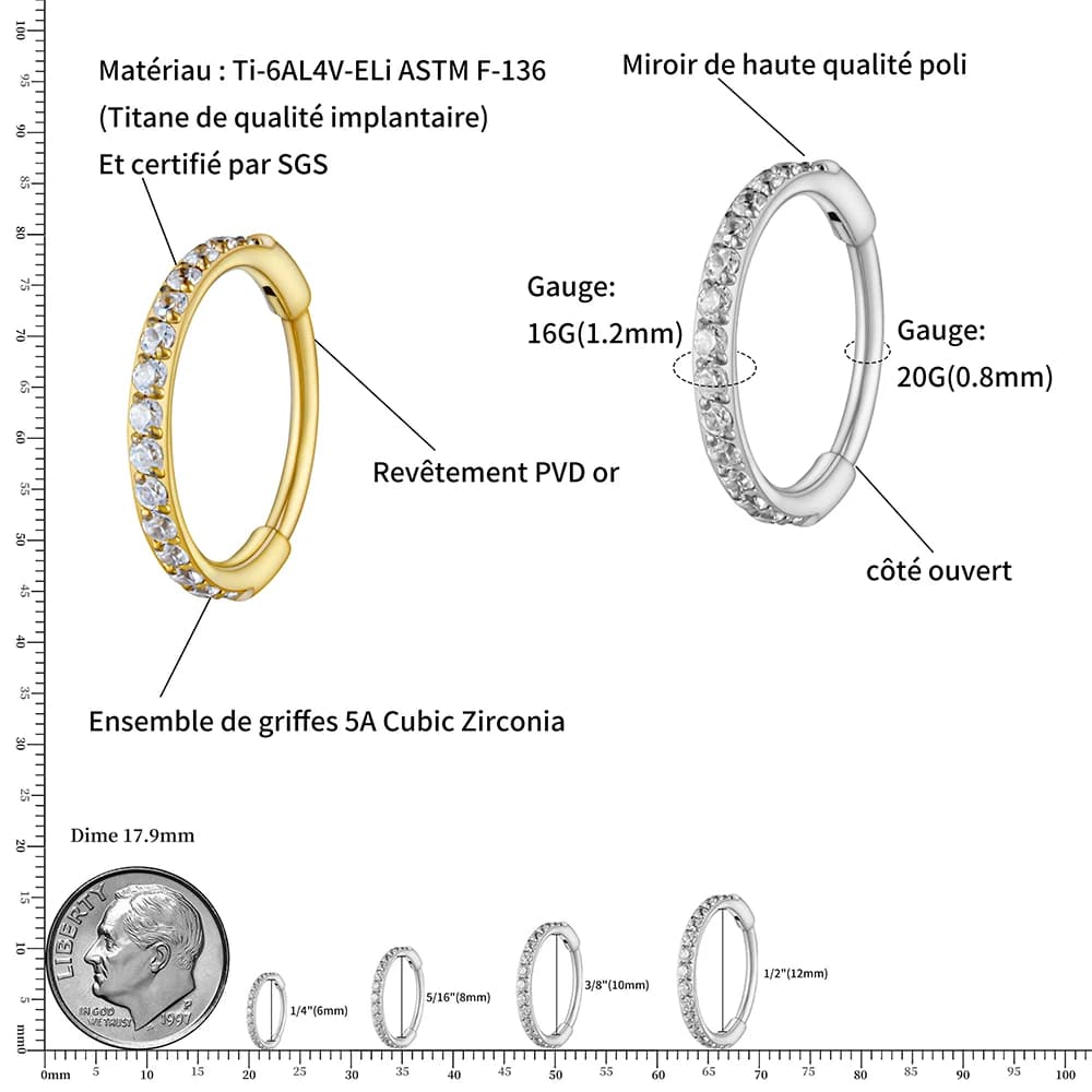 Right Grand ASTM F136 Titane 16G Slim Huggie Hoop Boucle d'oreille 6mm 8mm 10mm 12mm Boucle d'oreille hypoallergénique CZ Cartilage Helix Lobe d'oreille charnière Boucle d'oreille Piercing Bijoux de corps — 2/10