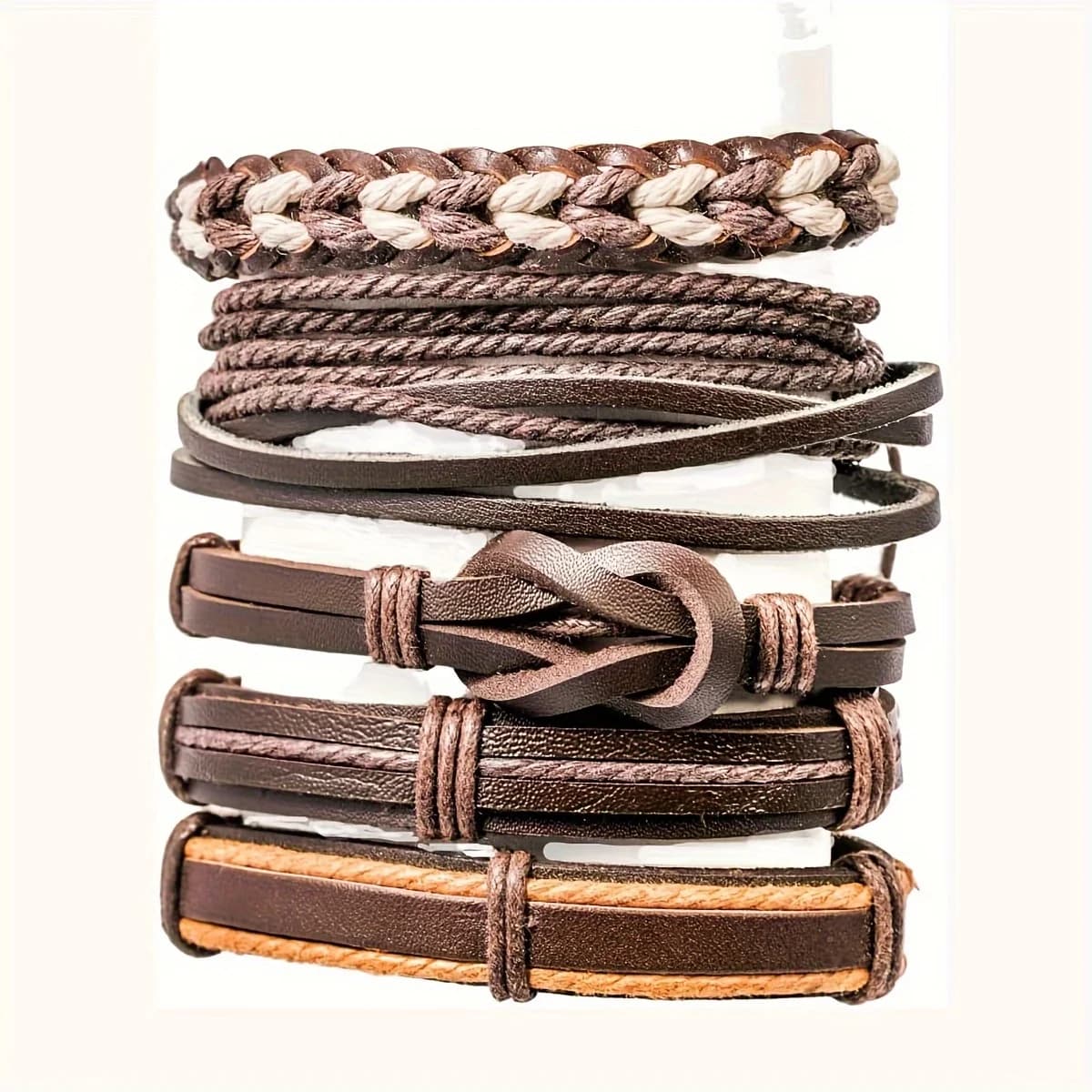 20 pièces Bracelets en cuir tressé pour hommes femmes envelopper perles de bois manchette Bracelet cordons de chanvre ethnique Tribal fait à la main Wrap Bracelet — 5/6