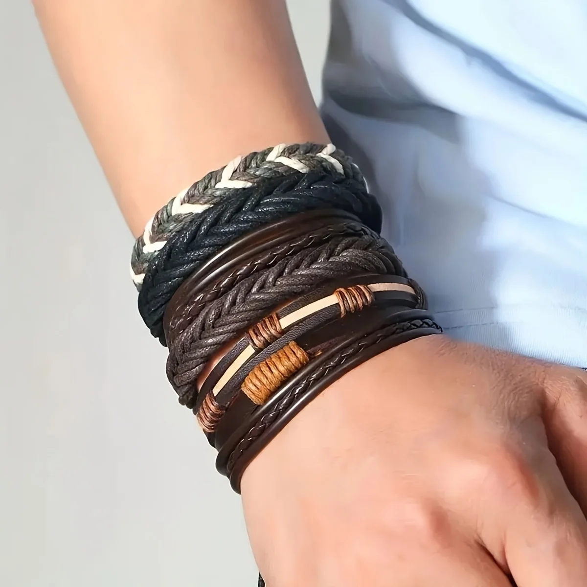 20 pièces Bracelets en cuir tressé pour hommes femmes envelopper perles de bois manchette Bracelet cordons de chanvre ethnique Tribal fait à la main Wrap Bracelet — 4/6
