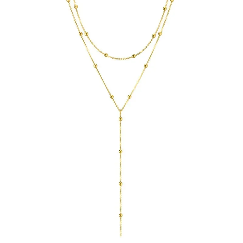 LATS – colliers à chaîne à pampilles longues pour femmes, couleur or, Double couche, Simple, en métal, perles géométriques, ras du cou, bijoux à la mode — 6/7