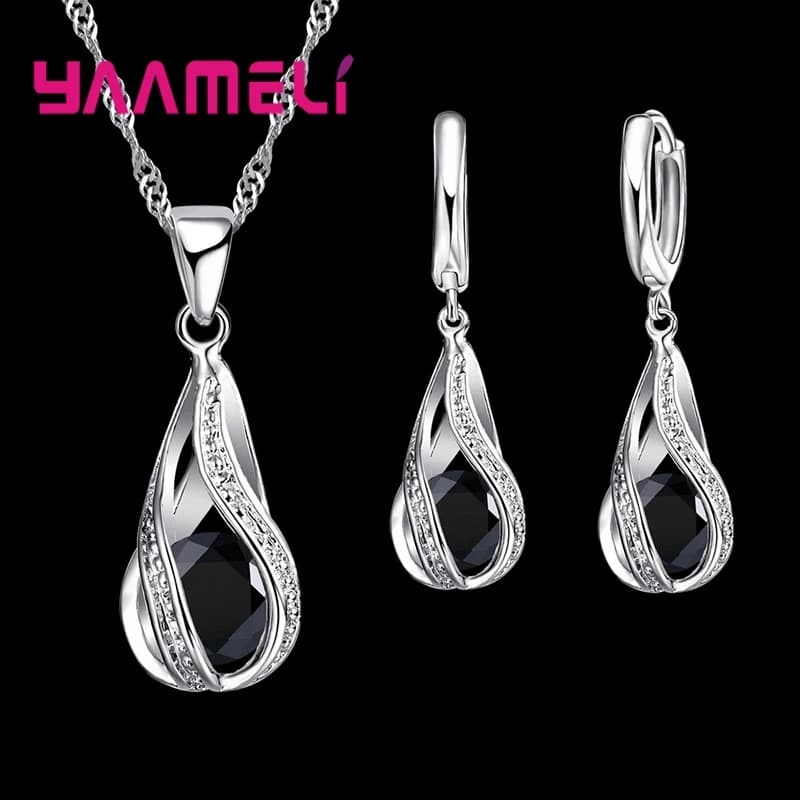 Goutte d'eau chaude CZ 925 en argent Sterling plaqué ensemble de bijoux pour les femmes pendentif collier boucles d'oreilles cerceau fête de mariage Ceremoey Anel — 10/10